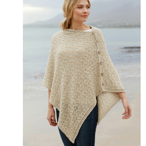 The Shepherd's Knot Sweaters - New Aran Irish Cotton Linen Beige Poncho Wrap OS